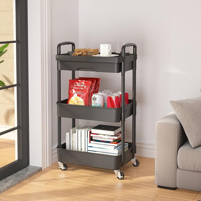 Calmootey 3-Tier Utility Cart with Drawer & Wheels, Storage for Home,Office | Space-Saving Organizer, Sturdy Plastic Shelves, Smooth-Rolling Metal Wheels, Built-in Drawer for Small Items, Black - Image 4