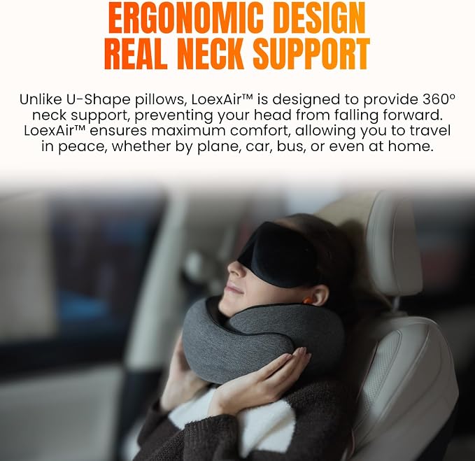 LOEXAIR™ Hooded Pro Travel Pillow - Memory Foam Neck Support Pillow for Airplane, Flight - Super-Soft Pure Cotton Fabric, Maximum Privacy & Light-Block Design, Lightweight Full Travel Kit - Dark Grey - Image 7