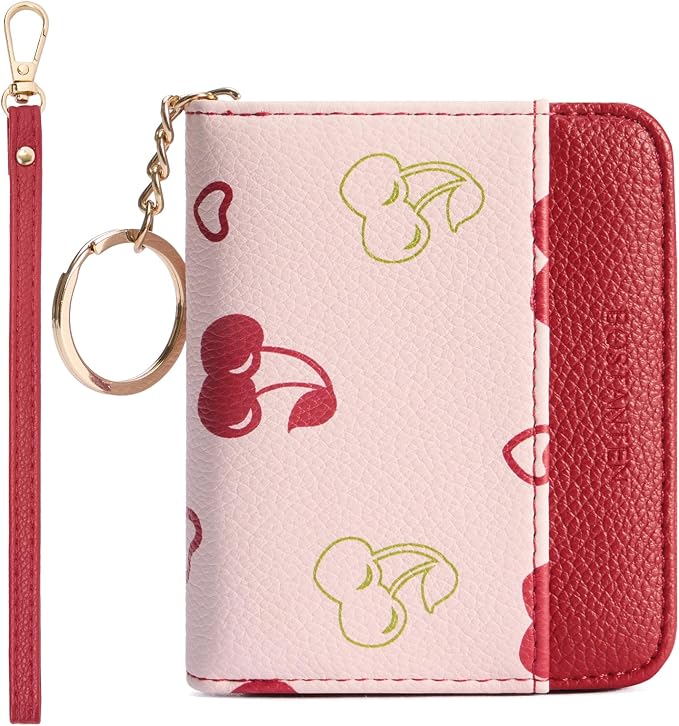 BOSTANTEN Credit Card Holder Small RFID Wallet Women with Keychain Wristlet | Compact, Accordion Design, Easy Organization, Fits Small Purses, Pebble Leather, Perfect Gifts, Cherry Print by BOSTANTEN
