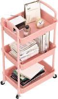 MOYIPIN 3-Tier Plastic Rolling Utility Cart with Handle,Utility,Pink | Utility Storage Cart for Office, Living Room, Kitchen,Movable Storage Organizer，Easy installation，Rattan-like art design by MOYIPIN