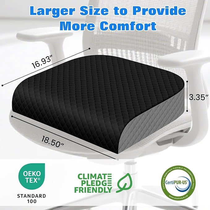 Seat Cushion, Office Chair Cushion, Chair Pad, Large, Black, X-Large | Memory Foam, Washable Cover, Non-slip Bottom, Portable Handle, for Office, Home and Car - Image 2