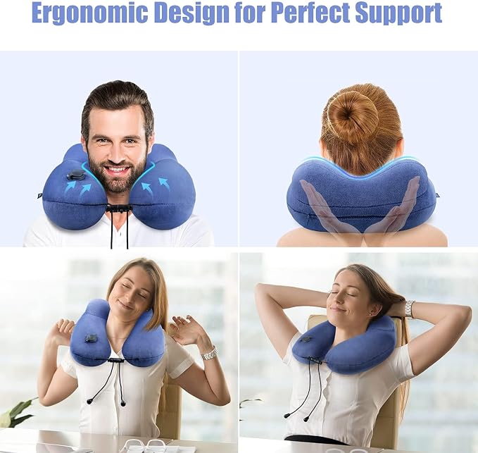Inflatable Travel Neck Pillow for Airplanes, Super Soft Velvet Neck Support, Adjustable Firmness, Blow Up Plane Pillow for Long Flights, Road Trips, Travel Essentials with Eye Mask, Earplug - Image 2
