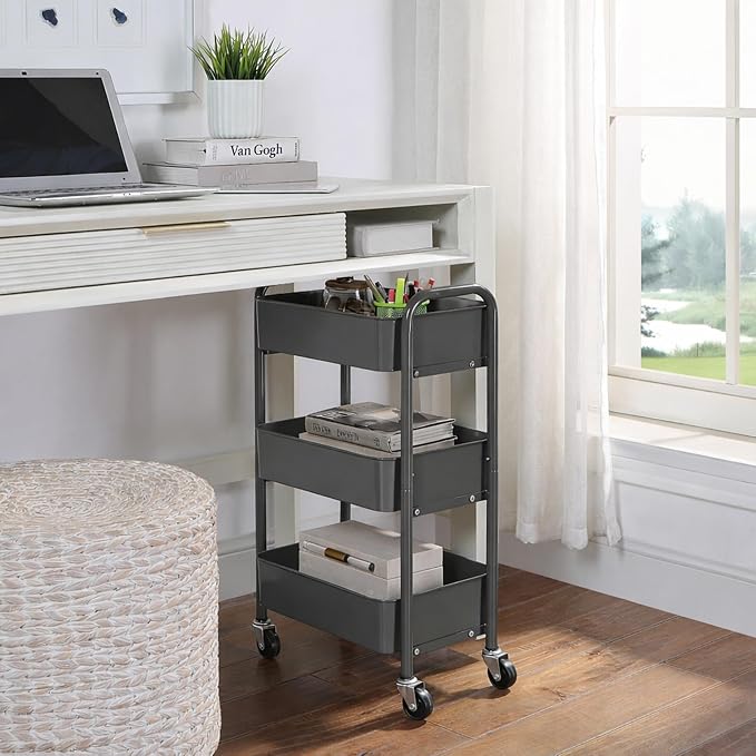 SunnyPoint 3-Tier Delicate Compact Rolling Metal Storage Organizer - Mobile Utility Cart Kitchen/Under Desk Cart with Caster Wheels (Gray, 15.35" X 10.24" X 26.8"H) - Image 2