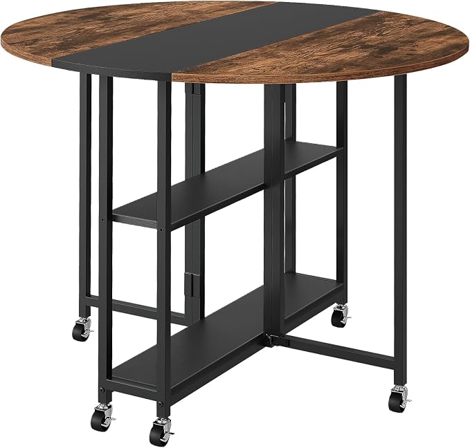 Folding Dining Table, Kitchen Table with 6 Wheels, Folding Round Table with 2-Layer Storage Shelf, Space Saving Dining Table for Small Spaces, Stable, Easy Assembly, Rustic Brown TCZ03BF - Image 9