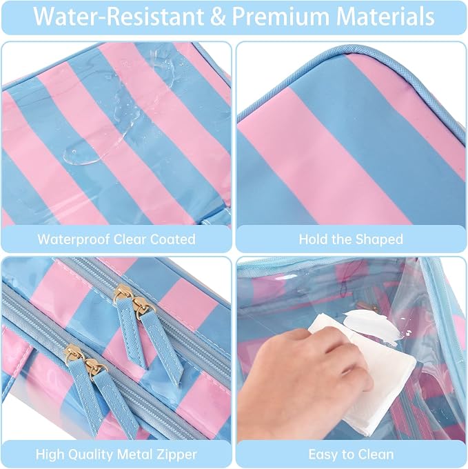 Toiletry Bag for Women, Pink and Blue Stripe | Clear Coated,Waterproof,Multiple Compartment,Open Flat,Handle,Travel Organizer for Shampoo,Conditioner,Cosmetic Accessories - Image 3