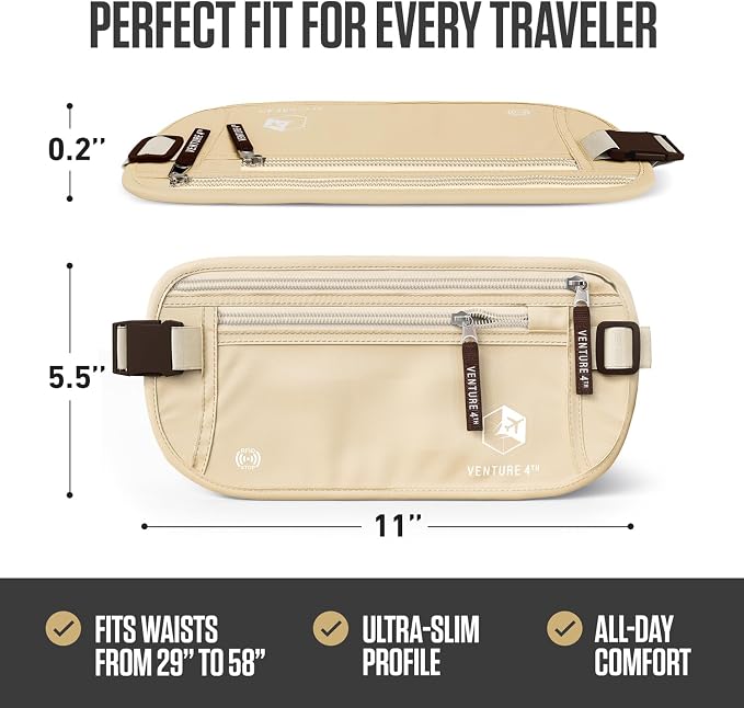 VENTURE 4TH Travel Money Belt, RFID Blocking Passport Holder - Beige - Image 3