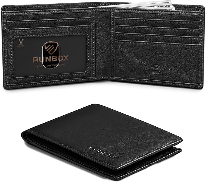 RUNBOX Wallet for Men Slim Leather Bifold RFID Blocking Minimalist Front Pocket Design with Gift Box | Minimalist Front Pocket Design, Holds 8 Cards, RFID Protection, Gifts for Men on Birthdays, Father’s Day, and Christmas by RUNBOX
