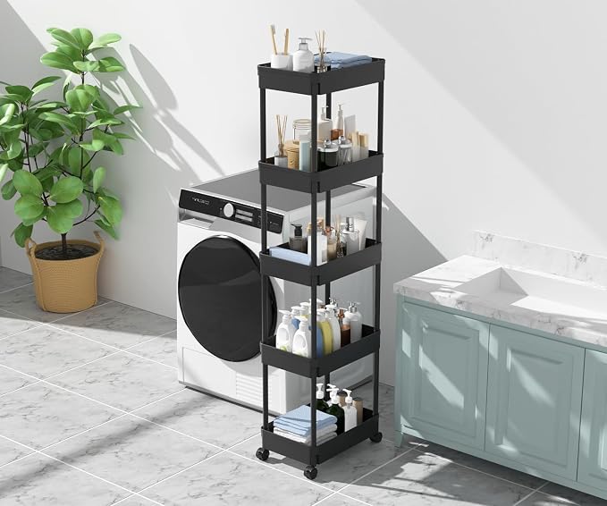 Sooyee 5-Tier Plastic Rolling Utility Cart with Wheels, Multi-Functional Storage Trolley for Office, Living Room, Kitchen, Movable Storage Organizer, Black - Image 4
