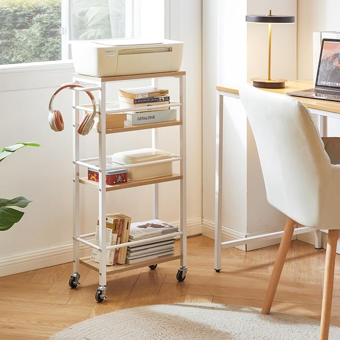 IBUYKE Slim Rolling Storage Cart, Kitchen Cart Utility Shelving UTMJ065R | 4-Tier, with Lockable Wheels,Handle&6 Hooks, 7.9" wide,for Kitchen, Laundry, Bathroom, Rustic Brown - Image 8