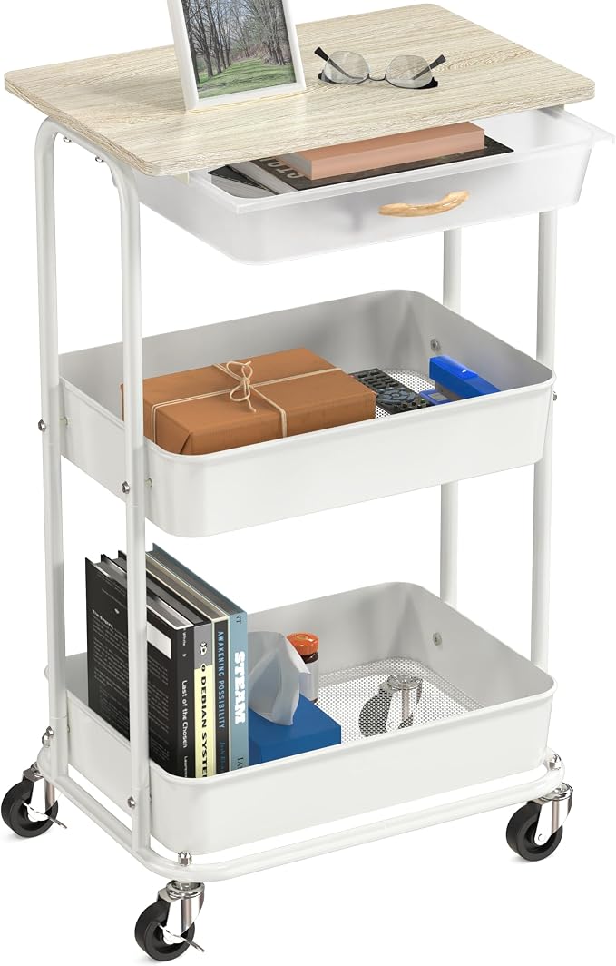 Simple Houseware 3-Tier Rolling Utility Cart with Drawer & Wood Top, Maple | Mobile Sofa Side Table, Nightstand, Slim Storage Organizer Trolley for Bedroom, Bathroom, Office & Art Supplies - Image 8