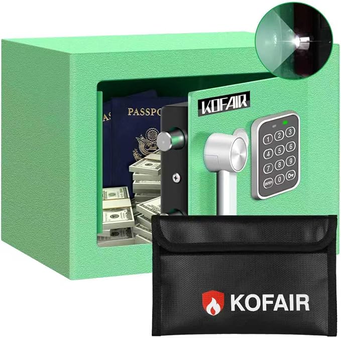 KOFAIR Safe Box for Home(0.23 Cubic Feet) with Fireproof Bag, Personal Money Safe for Cash Saving, Mini Safe Box with Key, Digital Safety with Light, Money Lock Box (Green) by KOFAIR
