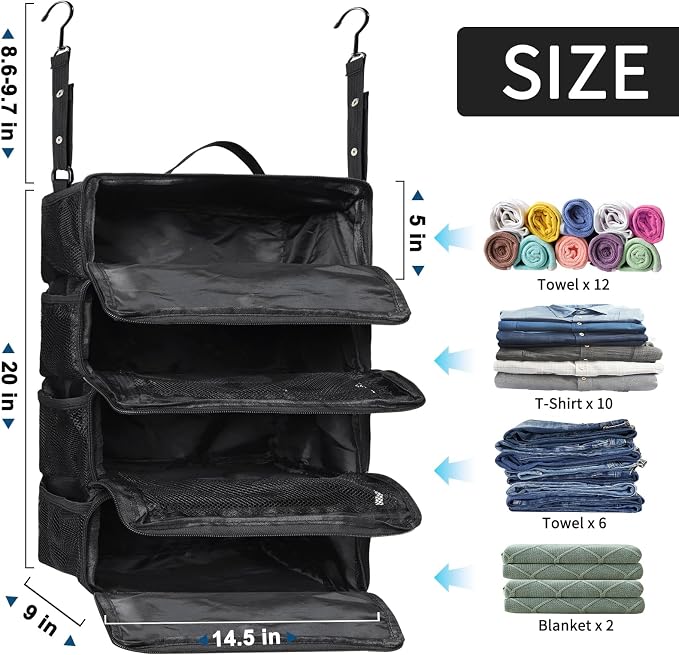 esouler Suitcase Organizer, Travel Luggage Organizer hanging packing cubes for travel，portable hanging travel shelves Collapsible closet organizer for Carry-on (Black, Medium) - Image 2