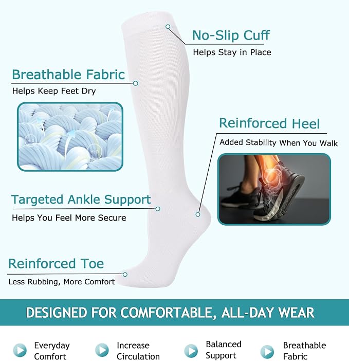8 Pairs Compression Socks Women Men 15-20mmHg Knee High Support Circulation | Copper Nylon Graduated Stockings,Leg Fatigue, Nurses, Pregnancy, Running, Travel, Flight, Athletic, Medical - Image 4