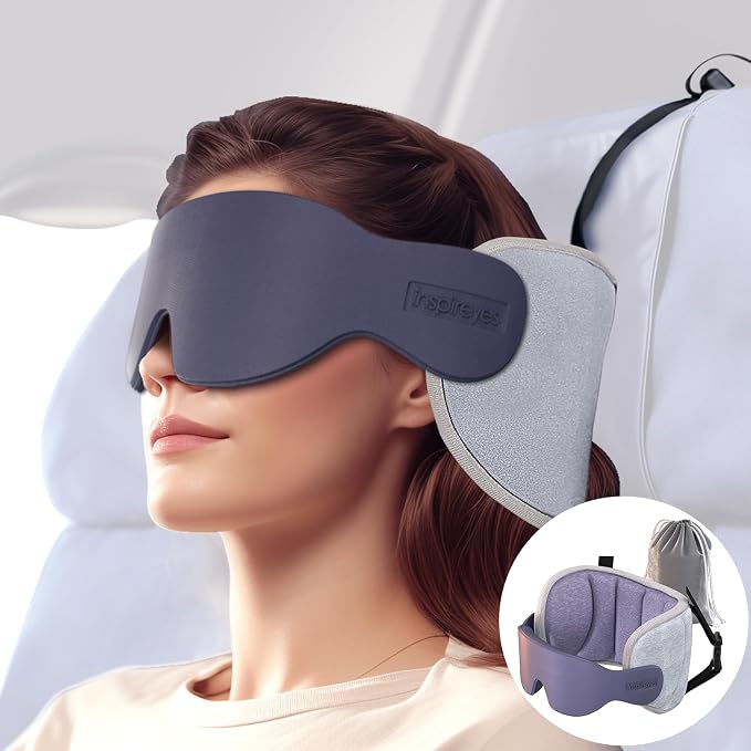 Travel Pillow for Airplane, 360° Head Support for Long Flight | Seat Strap System, 360° Headrest, Stable Comfort, Stop Bobblehead, 3D Eye Mask Airplane Pillow, Travel Essential, Stripe Grey by Inspireyes