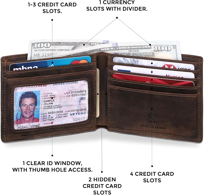 RUNBOX Wallet for Men|Slim Bifold Rfid Blocking Leather Wallet|Front Pocket | Genuine Leather,Handmade,8 Card Slots,ID Window,Money Pocket,Coin Pocket, Gift for Men,Minimalist Compact - Image 3