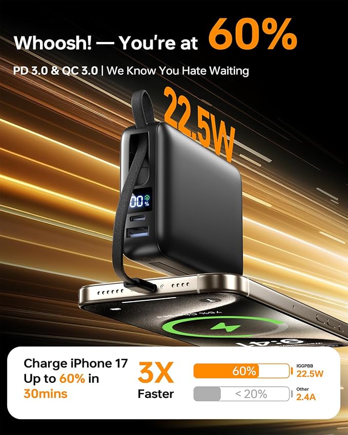 Portable Charger 50000mAh, 22.5W Fast Charge Power Bank Built-in 2 Cables | Pocket‑Friendly Portable Phone Charger for iPhone/iPad/Android/Samsung Galaxy Travel & Camping Essential (Carbon Black) - Image 2