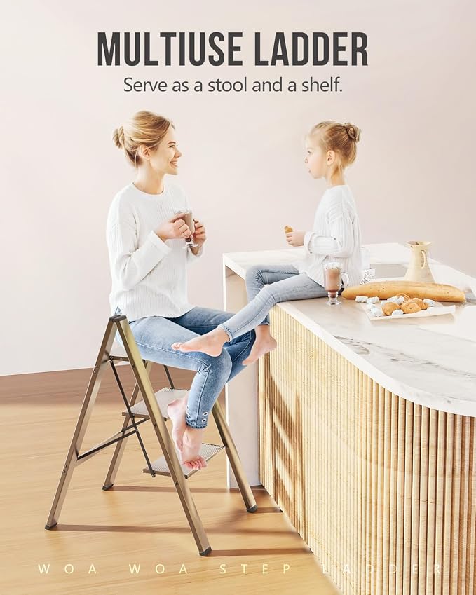Aluminum 3 Step Ladder, Foldable Step Stool, 300lbs Load, Gold | Folded 35''H x 2''T; Net 7.99 lbs; Rigid Aluminum Steps; No Assembly; For Home, Kitchen, Office, Pantry, Closets, Cabinets - Image 8