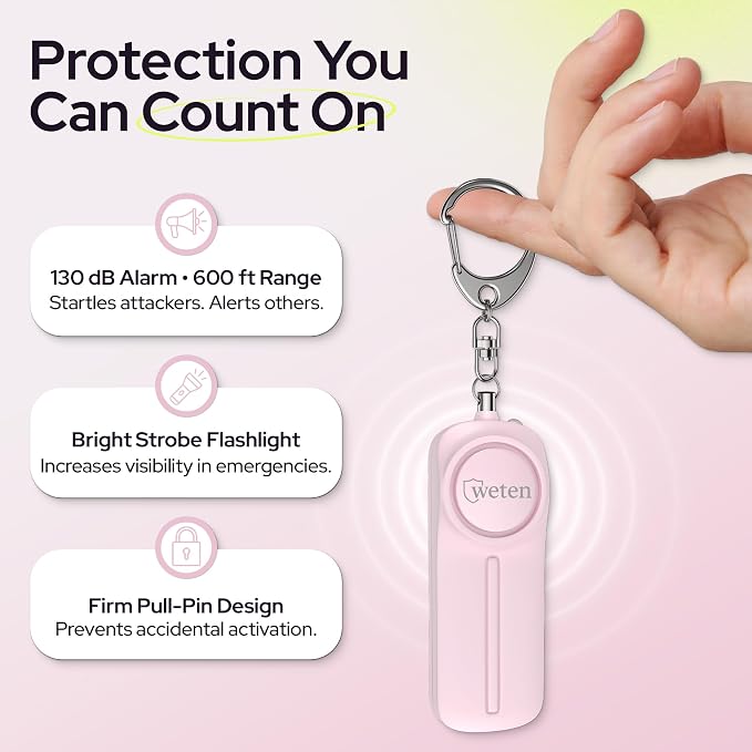 Personal Safety Alarm Keychain for Women, 130dB Siren, LED Light, Pink | Panic Pin, Compact Self-Defense Device, Emergency Whistle Alternative for College, Travel, and Night Walk Protection - Image 2
