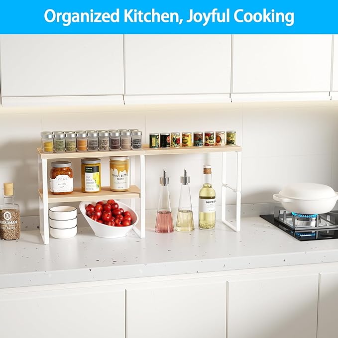 Golener Kitchen Counter Organizer, Countertop Shelf, Adjustable, Stackable | Kitchen Countertop Organizer, Spice Rack, 2-Tier Countertop Shelves, Corner Desk Shelf, Corner Counter Shelf, Natural Beige - Image 3