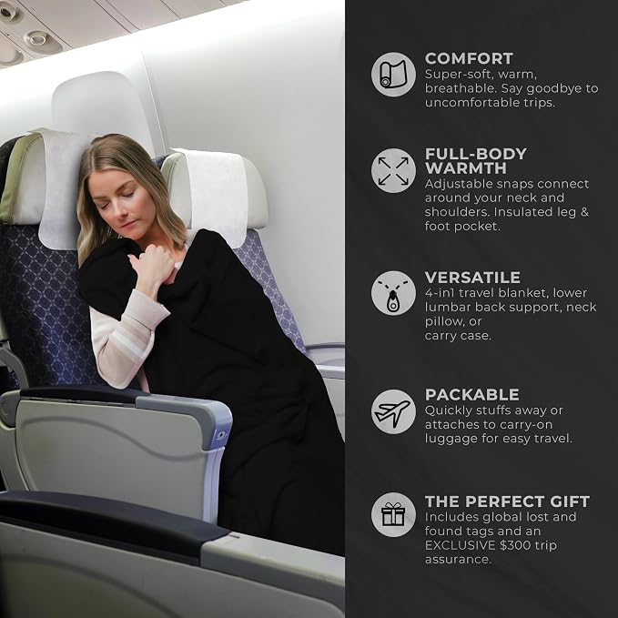 Zero Grid Lightweight Airplane & Travel Blanket with Foot Pockets, Black | Compact Wearable Blanket with Neck Snaps, Zips & Converts to Soft Pillow for Ultimate Comfort - Image 5