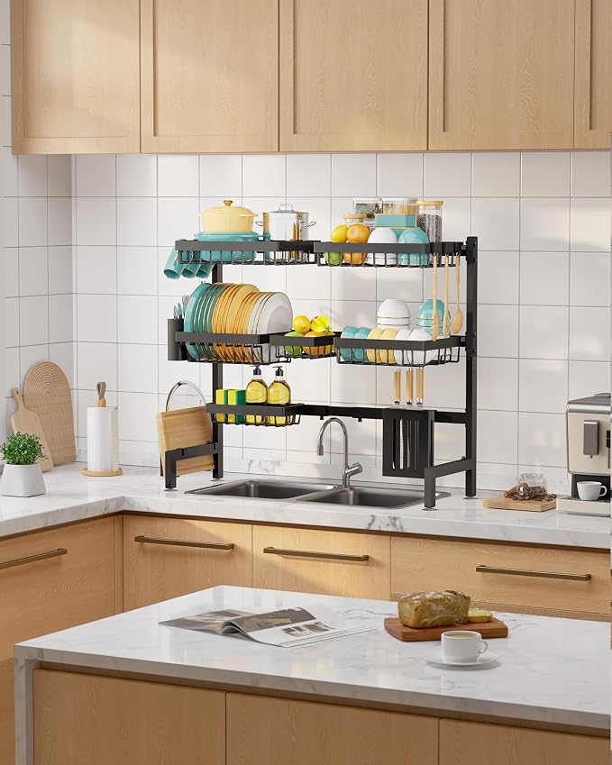 Sakugi Over The Sink Dish Drying Rack - Adjustable 3 Tier XX-Large Capacity Stainless Steel Drainer with Cutlery & Utensil Holders, Kitchen Storage & Organization, 31.5"-39.5"L x 12"W x 30.5"H, Black - Image 8