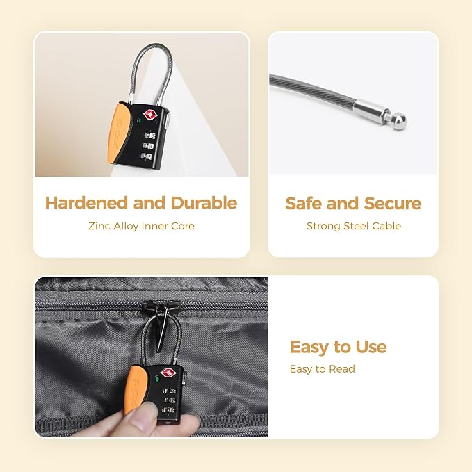 pack all TSA Approved Travel Luggage Locks, Resettable 3-Digit Code | Open Alert Indicator, Flexible Steel Cable, Zinc Alloy Body, Clear Number Dials, For Suitcase, Toolbox, Backpack, 1 Pack - Image 5