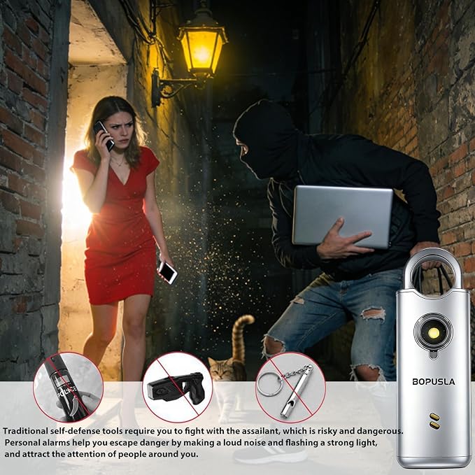 135dB Personal Safety Alarm for Women, SOS Strobe Alarm,Black | Rechargeable alarm with Type-C port and emergency flashlight, ideal for outdoor activities and night travel - Image 4