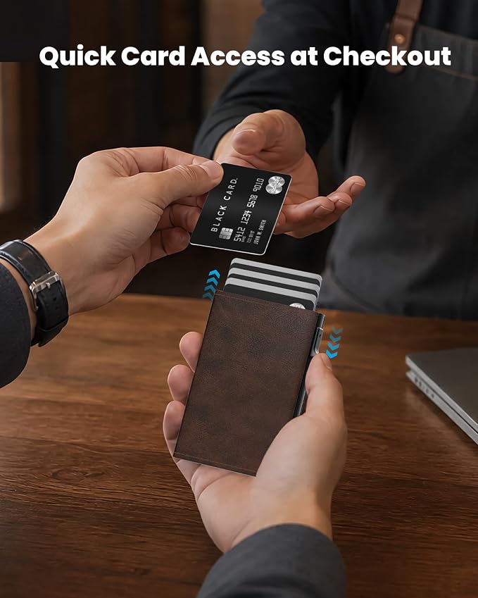 Wallet for Men: Slim Minimalist Pop-Up Card Holder with RFID Blocking, ID Window and Cash Slot, Front Pocket Design, Vintage Brown - Image 6