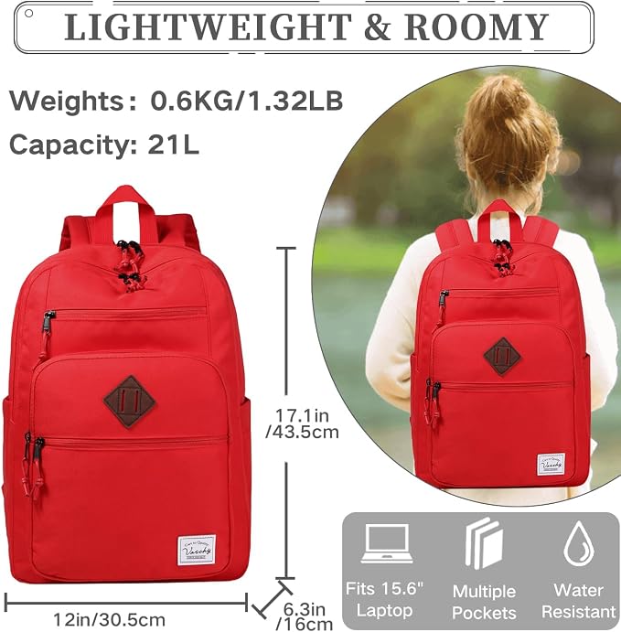 VASCHY School Backpack for Teen Girls, Bookbag Schoolbag Casual Daypack for High School/College/Women/Travel/Work Red - Image 2