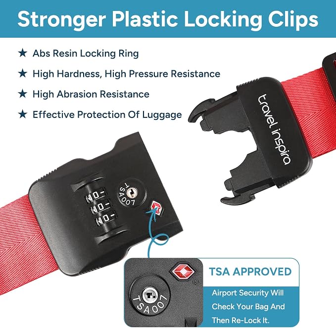 Travel Inspira Heavy Duty Luggage Straps with TSA Lock | Cross-Strap Design; 103-200cm Length; TSA Lock with Tag; Nylon Webbing; Quick Buckle; High Visibility Red;Anti-Burst - Image 4