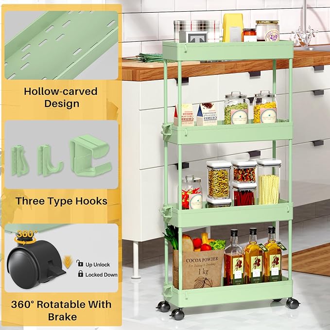 SPACEKEEPER Slim Rolling Storage Cart, 4 Tier Bathroom Cart Organizer,Green | Narrow Rolling Cart with Wheels for Kitchen Office Bathroom Laundry Room,Mobile Utility Cart for Craft Art Makeup Nail Polish - Image 7