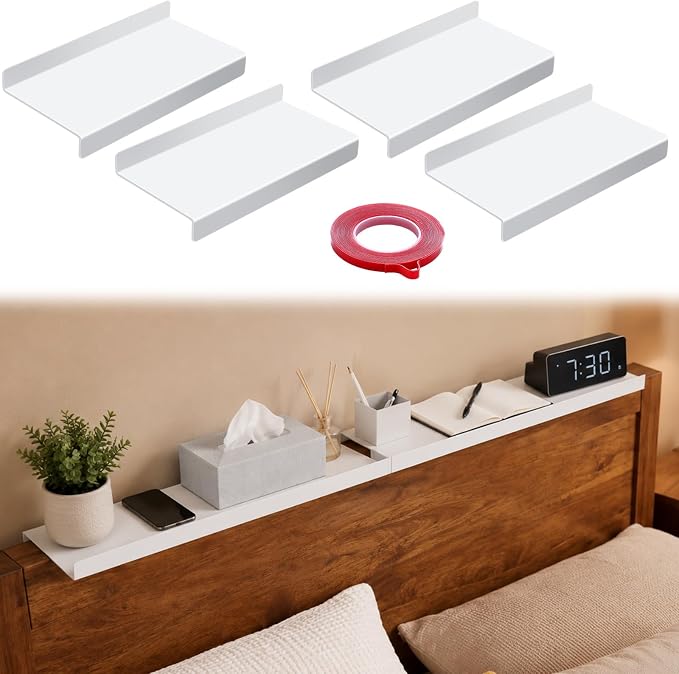 Hoteam 4 Pcs Headboard Shelf No-Screws Dorm Bed Shelf Self Adhesive White Dorm Headboard Storage with Acrylic Double Sided Tape Over Bed Organizer for Flat Top Headboards Home Bedroom Renter by Hoteam