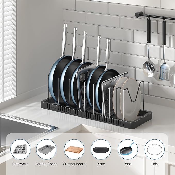 Pots and Pans Organizer under Cabinet, Expandable Pot Lid Organizer Holder with 10 Adjustable Compartment, Pan Organizers inside Cabinet for Lids, Bakeware, Kitchen Storage Pot Rack, Black - Image 3