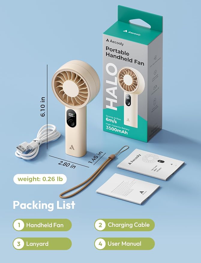 Aecooly Mighty Portable Fan, Powerful Handheld Fan, USB Rechargeable | [18H Max Cooling Time], Mini Personal Battery Powered, Pocket for Travel, Summer, Gifts for Women, Girls -Beige - Image 8