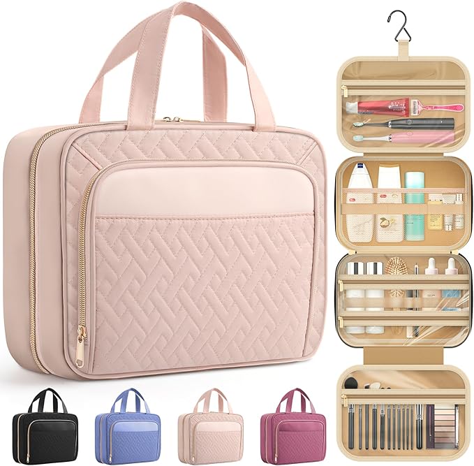HOTOR Hanging Travel Toiletry Bag Women Men, Pale Pink, Large | Waterproof Makeup Bag Hanging Hook,Multiple Pockets,Travel Essentials,12.6 x 4.3 x 9.9inches by HOTOR