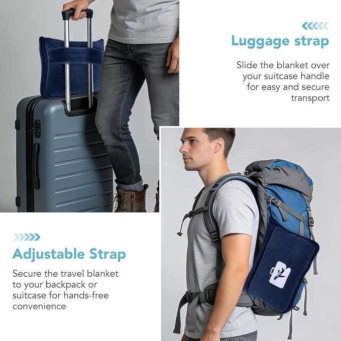 Travel Pillow and Blanket 2-in-1 Set, Navy Blue, 60x50 Inch | Plane Packable , Soft Warm and Lightweight Flannel, Hand Luggage Sleeve and Backpack Clip, Plane Flight Car Trips - Image 4