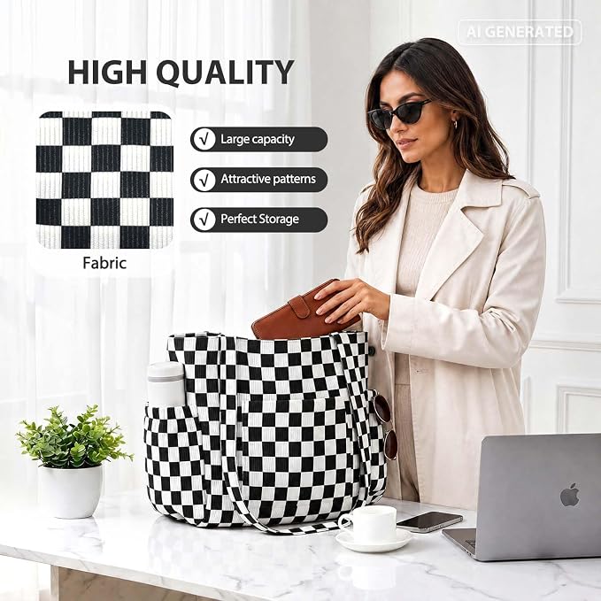 Corduroy Tote Bag for Women,Large Capacity Cute Tote Bags With 6 Pockets,Crossbody Shoulder Handbag for Work Travel Gym - Image 4
