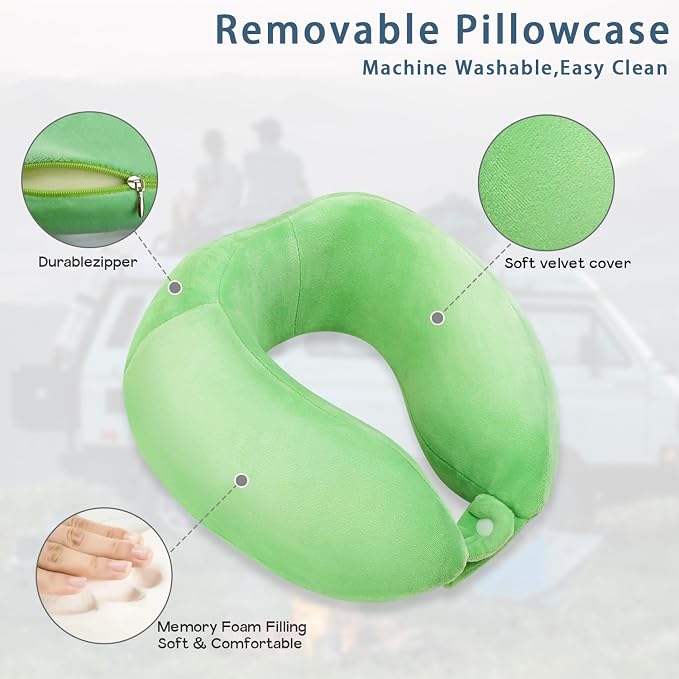 Travel Neck Pillow for Sleeping Soft Memory Foam Pillows Lightweight Breathable Airplane Pillow Support Head and Chin Perfect for Camping Train Car Office Rest Green - Image 2