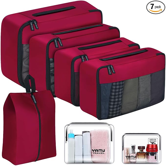 YAMIU Packing Cubes for Suitcases, 7 Pcs luggage organizer bags with Shoe Bag, 2 Waterproof Travel Toiletry Bags, Travel Cubes for Travel Essentials Travel Accessories by YAMIU