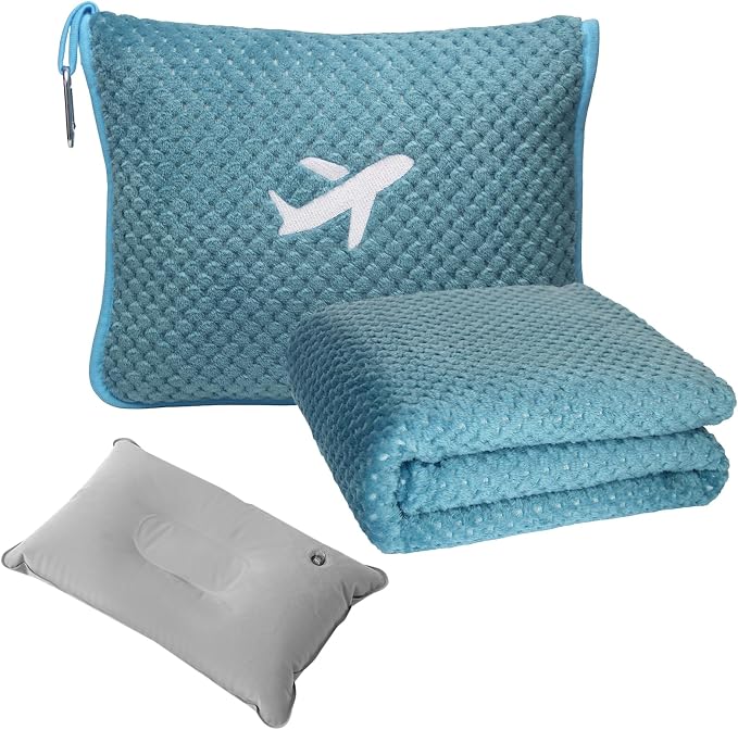 Travel Blanket Airplane Compact with Bag, Travel Essentials 3 in 1 Packable Airplane Blanket, Travel Pillow and Blanket Set, Inflatable Pillow, Luggage Sleeve & Backpack Clip (Slate Blue) by Nenolix