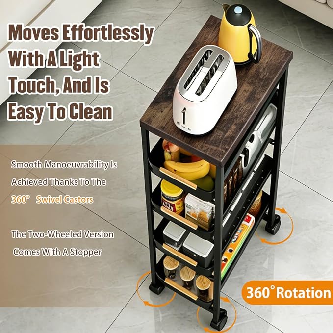 Slim Storage Cart with Wheels Pull-Out 5-Tier Rolling Storage Cart | narrow black 12.6in Wide, Mesh Baskets with Raised Edge, Wood-Grain Top, 360° Lockable Casters, Easy Assembly - Image 4