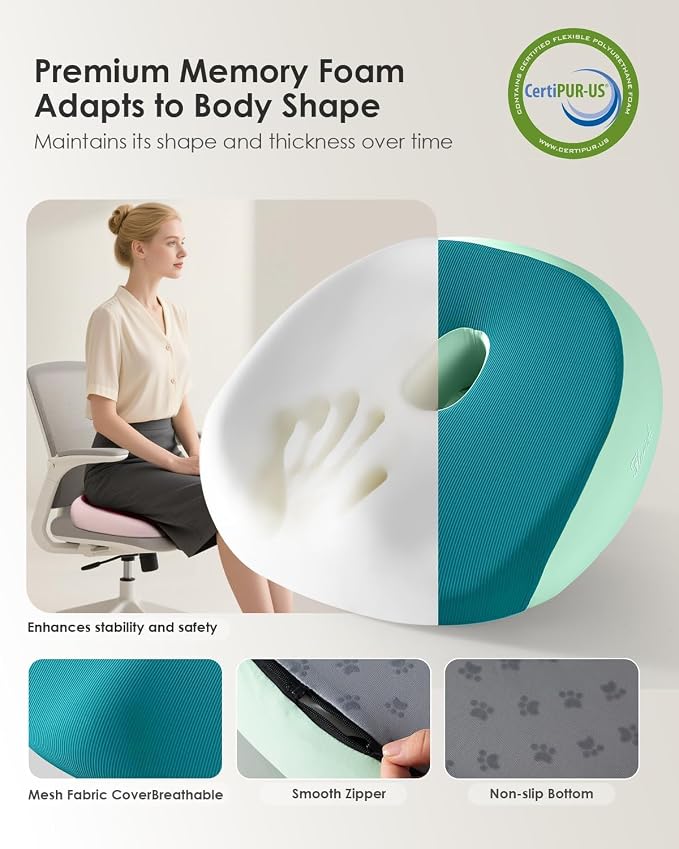 Seat Cushion, Memory Foam Cushion for Office Chair, Ergonomic Office Seat Chair Cushion for Relieving Sciatica, Soft & Breathable Car Seat Cushion - Green - Image 3