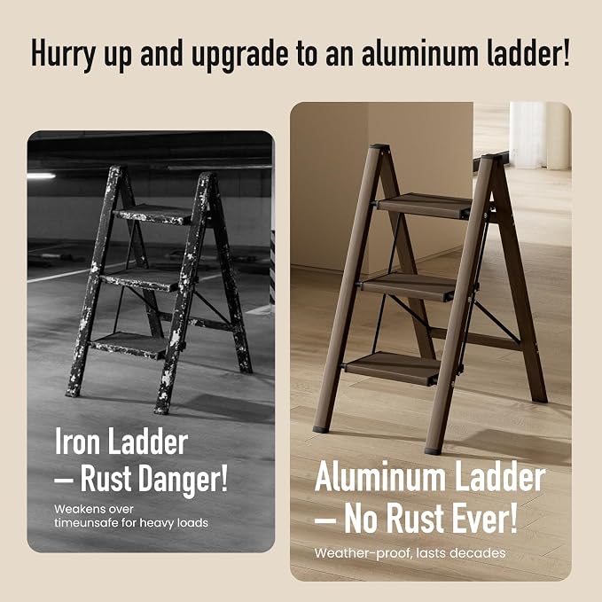 Mayi Plus 3 Step Stool Foldable, Aluminum, Lightweight Step Ladder | Extra-wide anti-slip folding steps with 330 lbs, for home,kitchen,office,outdoor,office,Walnut - Image 3