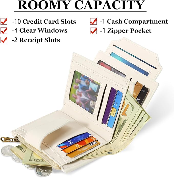 Small Wallet Women RFID Blocking Soft Leather Bifold Compact Card Holder Wallet for Women with Zipper Coin Pocket 4 ID Window - Image 2