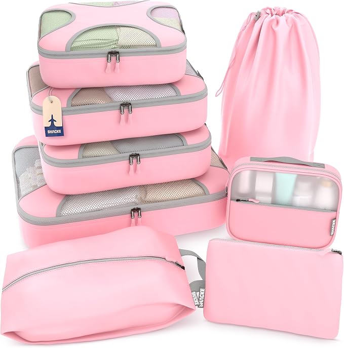 Shacke 8 Set Packing Cubes for Travel, Shoe & Toiletry Bags (Summer Pink) | Complete Suitcase Organizer Bags Set: 4 Luggage Packing Cubes + Laundry, Shoe, Toiletry & Accessories Bags for Any Trip by Shacke