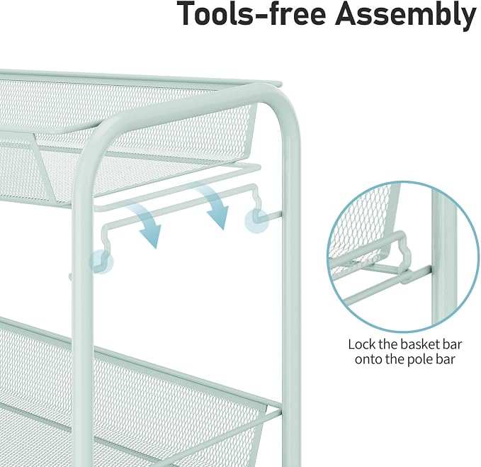 TOOLF 3 Tier Rolling Cart, Metal Utility Storage Cart with Wheels, Green | 3 Hooks, Screwless Assembly, Trolley Organizer for Bathroom, Kitchen, Office, Nursery, Dorm, Laundry Room - Image 4