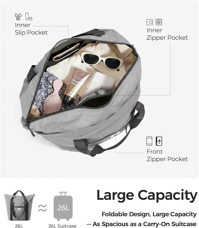 Foldable Travel Bag, 26L Lightweight Weekender Duffel, Expandable Second Carry-On Bag for Travel & Shopping, Water-Resistant Personal Item Bag, Gray - Image 4