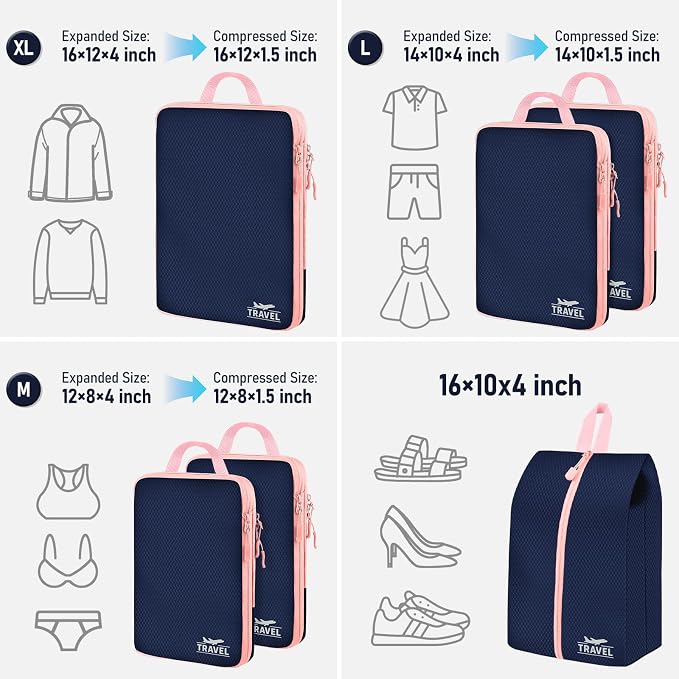6 Set Compression Packing Cubes, Suitcase Organizer, Lightweight Travel Essentials, Compression Bags For Travel Accessories Luggage Storage Set (6Pcs, Navy blue) - Image 2