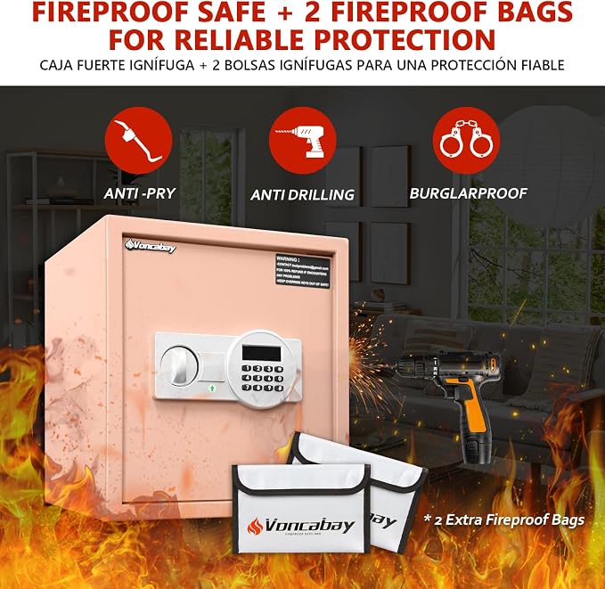 Voncabay Money Safe Box for Home with Digital Keypad, 1.5 Cu. Ft., Khaki | Alloy Steel, 2 Fireproof Bags, Digital Keypad with Display, Removable Shelf, Alarm System, 14 x 13 x 13 In. - Image 4