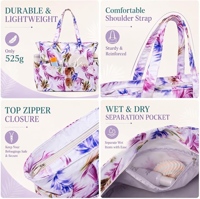 LEDAOU Large Beach Bag for Women, Waterproof Sandproof Tote Bag with Zipper | 36L Pool and Swim bag with Zipper, Wet/Dry pocket and 7 Pockets for Beach Days, Cruises, Vacations and Family travel - Image 5